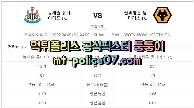 4월9일 프리미어리그 뉴캐슬 울버햄튼 분석 먹폴 퉁퉁이