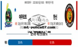 2025년 8월 1일 18:00 NPB 일본야구 야쿠르트 vs 한신 스포츠 픽