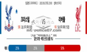 2025년 9월 27일 23:00 프리미어리그 크리스탈 팰리스 VS 리버풀 FC 스포츠 픽 2025년 9월 27일 23:00 프리미어리그 크리스탈 팰리스 VS 리버풀 FC 스포츠 픽