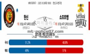 2025년 10월 30일 18:00 NPB 일본야구 한신 VS 소프트뱅크 스포츠 픽