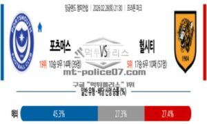 2026년 02월 28일 21:30 잉글랜드 챔피언쉽 포츠머스 FC VS 헐 시티 AFC 2026년 02월 28일 21:30 잉글랜드 챔피언쉽 포츠머스 FC VS 헐 시티 AFC