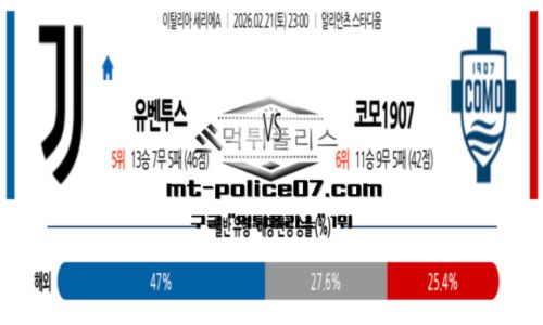 2026년 2월 21일 23:00 이탈리아 세리에A 유벤투스 vs 코모1907 스포츠 픽