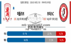 2026년 03월 14일 21:30 잉글랜드 챔피언쉽 미들즈브러 FC VS 브리스톨 시티 FC