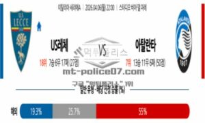 2026년 04월 06일 22:00 이탈리아 세리에 A US 레체 VS 아탈란타 BC 2026년 04월 06일 22:00 이탈리아 세리에 A US 레체 VS 아탈란타 BC