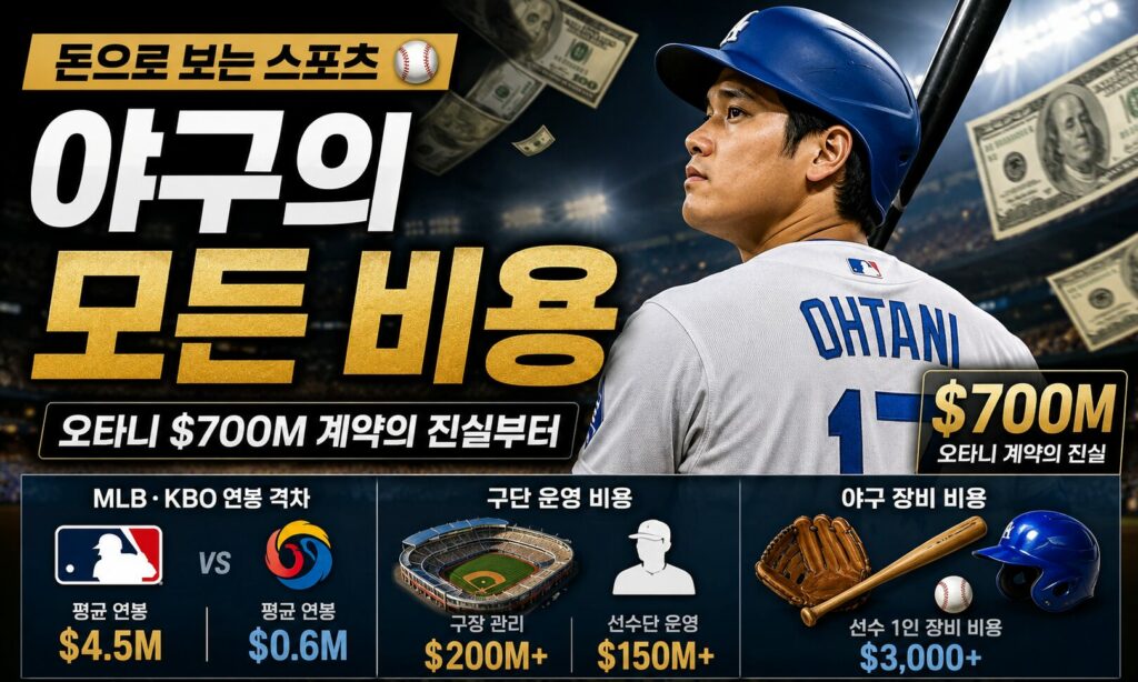 돈으로 보는 스포츠
야구의
모든 비용
오타니 $700M 계약의 진실부터 MLB·KBO 연봉 격차, 야구 장비 비용까지 — 야구에서 오가는 돈의 모든 것을 숫자로 파헤칩니다.