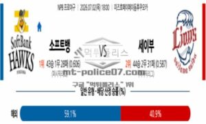 2026년 07월 02일 18:00 NPB 일본야구 소프트뱅크 VS 세이부 2026년 07월 02일 18:00 NPB 일본야구 소프트뱅크 VS 세이부