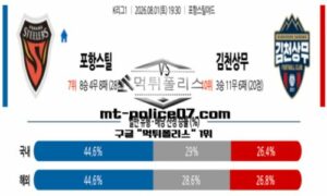 2026년 8월 1일 19:30 K리그1 포항 vs 김천상무 스포츠 픽